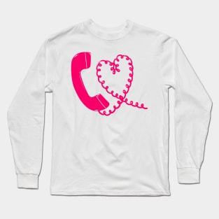 Hot pink retro phone 90s heart cord design Long Sleeve T-Shirt